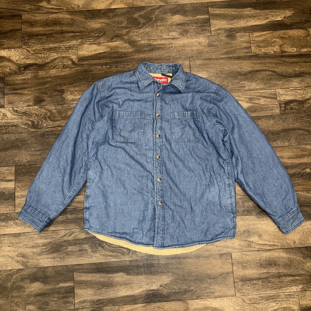 Wrangler Denim Button-Down Shirt Jacket Men's Size M Sherpa Fleece Lined Western